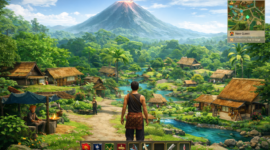 Karakter utama dalam game open world Indonesia menjelajahi desa virtual dengan pemandangan alam dan budaya Nusantara yang kaya.