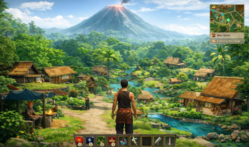 Karakter utama dalam game open world Indonesia menjelajahi desa virtual dengan pemandangan alam dan budaya Nusantara yang kaya.