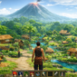 Karakter utama dalam game open world Indonesia menjelajahi desa virtual dengan pemandangan alam dan budaya Nusantara yang kaya.