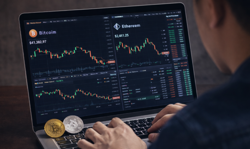 Seorang investor memantau pergerakan harga Bitcoin dan Ethereum di laptop, menampilkan volatilitas pasar crypto pada 27 Januari 2026.