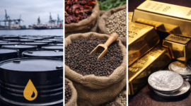 Collage yang menampilkan tumpukan barel minyak, kantong lada, serta batangan emas dan koin perak, menggambarkan pergerakan harga dan volatilitas pasar komoditas global pada 27 Januari 2026.