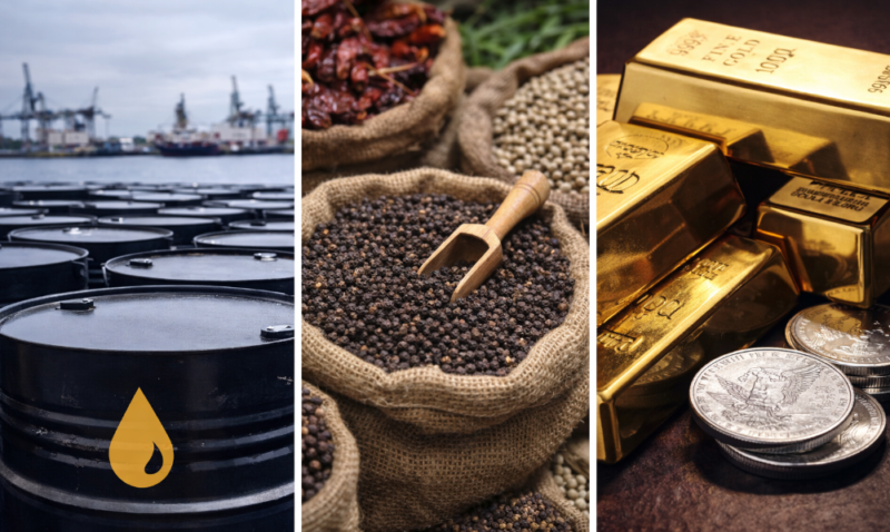 Collage yang menampilkan tumpukan barel minyak, kantong lada, serta batangan emas dan koin perak, menggambarkan pergerakan harga dan volatilitas pasar komoditas global pada 27 Januari 2026.