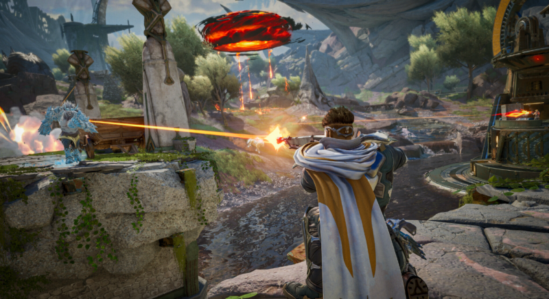 Pertempuran intens di Highguard: karakter menggunakan senjata futuristik di medan perang kota hancur dalam mode PvP, menampilkan ledakan, drone tempur, dan aksi tembak-menembak nyata.
(Sumber / Credit: Wildlight Entertainment)