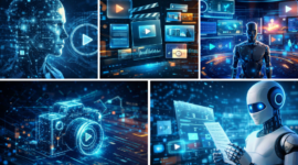 Collage ilustrasi teknologi AI generatif VideoGen-X, menampilkan robot dan avatar digital yang membuat konten video otomatis dari teks, gambar, dan audio, menggambarkan inovasi di industri konten digital.