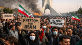 Ribuan warga Iran menggelar protes di Teheran pada Januari 2026 menuntut kebebasan, reformasi politik, dan perbaikan ekonomi. Spanduk bertuliskan 