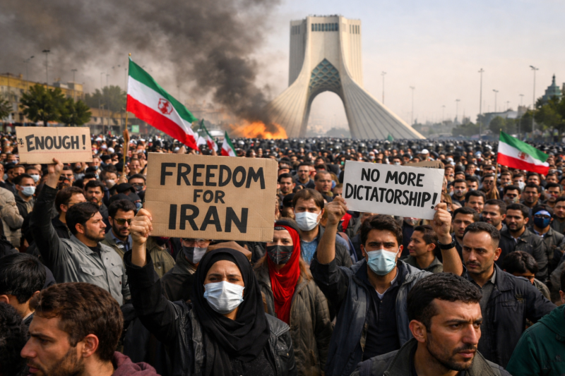 Ribuan warga Iran menggelar protes di Teheran pada Januari 2026 menuntut kebebasan, reformasi politik, dan perbaikan ekonomi. Spanduk bertuliskan 