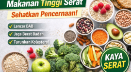 Berbagai makanan tinggi serat seperti sayuran hijau, buah-buahan, kacang-kacangan, dan biji-bijian yang bermanfaat untuk melancarkan pencernaan dan membantu menurunkan kolesterol.