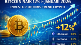Infografis menunjukkan Bitcoin naik 12% di Januari 2026, diiringi tren positif Ethereum (+8%), Cardano (+6%), dan Solana (+5%), mencerminkan optimisme investor cryptocurrency.