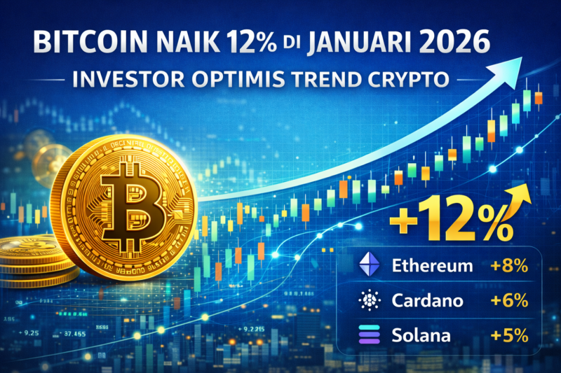 Infografis menunjukkan Bitcoin naik 12% di Januari 2026, diiringi tren positif Ethereum (+8%), Cardano (+6%), dan Solana (+5%), mencerminkan optimisme investor cryptocurrency.