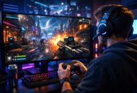 Seorang gamer sedang menikmati permainan FPS futuristik dengan visual modern dan suasana gaming yang imersif.