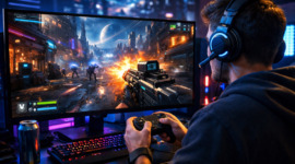 Seorang gamer sedang menikmati permainan FPS futuristik dengan visual modern dan suasana gaming yang imersif.