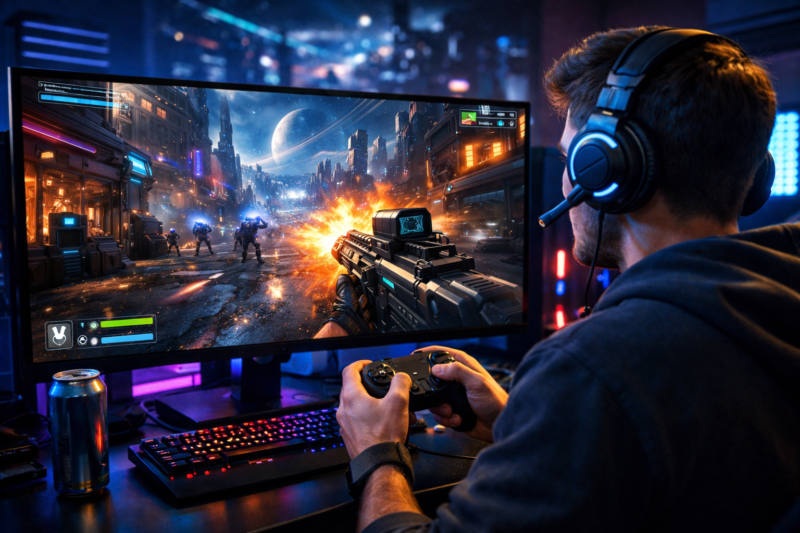 Seorang gamer sedang menikmati permainan FPS futuristik dengan visual modern dan suasana gaming yang imersif.
