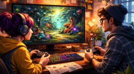 Pengembang game indie sedang memainkan game fantasi buatan mereka dengan konsep kreatif dan visual artistik.