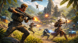 Ilustrasi gameplay “Pahlawan Nusantara: Battle Royale” yang menampilkan karakter bertema budaya Indonesia bertempur di medan pertempuran penuh strategi dan aksi.