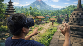 Seorang pemain VR menjelajahi dunia virtual Indonesia, merasakan pengalaman interaktif dengan pemandangan budaya dan alam Nusantara.