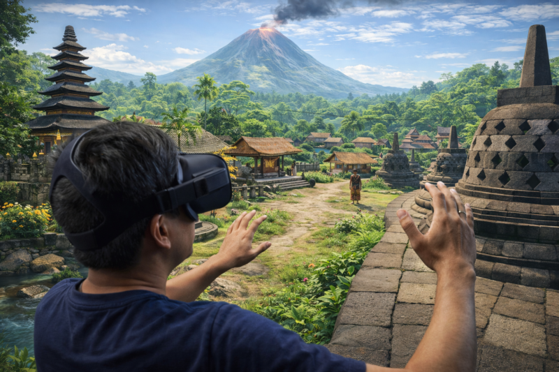 Seorang pemain VR menjelajahi dunia virtual Indonesia, merasakan pengalaman interaktif dengan pemandangan budaya dan alam Nusantara.