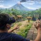 Seorang pemain VR menjelajahi dunia virtual Indonesia, merasakan pengalaman interaktif dengan pemandangan budaya dan alam Nusantara.