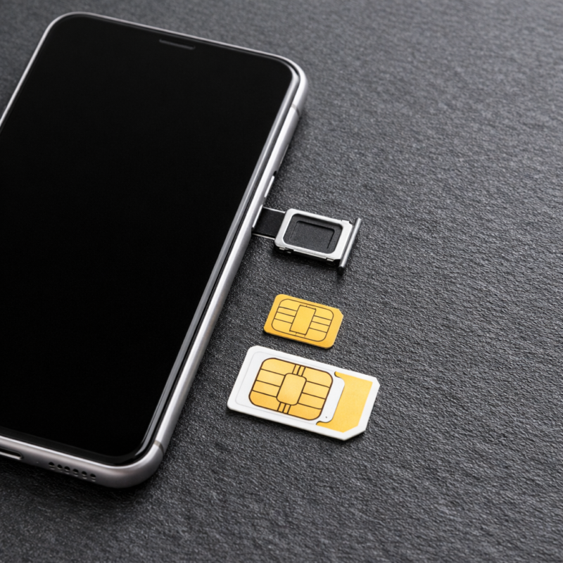 Ilustrasi kartu SIM dan smartphone yang menggambarkan kebijakan baru registrasi kartu seluler berbasis NIK dan biometrik.