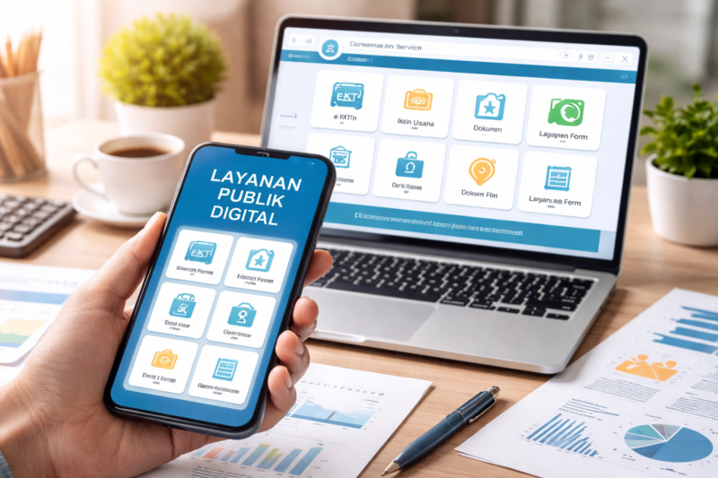 Ilustrasi digitalisasi layanan publik yang memudahkan masyarakat mengakses berbagai layanan administrasi pemerintahan secara online.