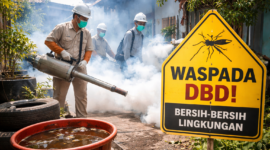 Petugas kesehatan melakukan pengasapan (fogging) di lingkungan permukiman sebagai upaya pencegahan penyebaran demam berdarah dengue (DBD).