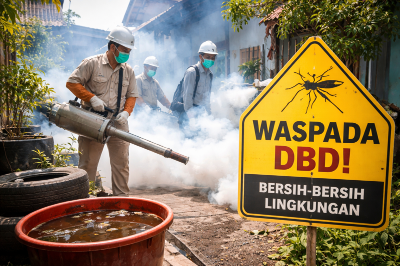 Petugas kesehatan melakukan pengasapan (fogging) di lingkungan permukiman sebagai upaya pencegahan penyebaran demam berdarah dengue (DBD).