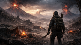 Ilustrasi konsep dunia pasca-bencana dengan letusan gunung berapi dalam game survival ASHLAND ECHOES.