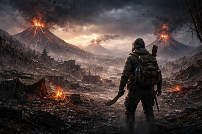 Ilustrasi konsep dunia pasca-bencana dengan letusan gunung berapi dalam game survival ASHLAND ECHOES.