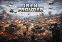 Ilustrasi pertempuran perang modern berskala besar dengan unit darat dan udara dalam game strategi IRON FRONTIER.