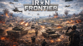 Ilustrasi pertempuran perang modern berskala besar dengan unit darat dan udara dalam game strategi IRON FRONTIER.