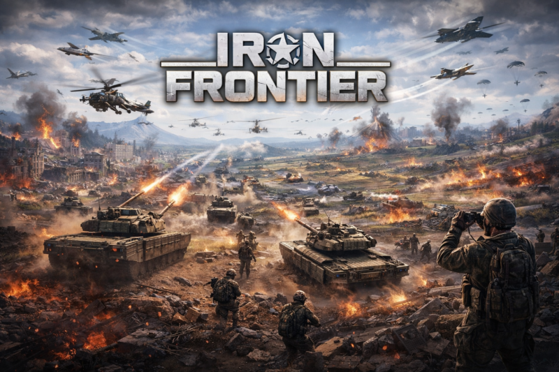 Ilustrasi pertempuran perang modern berskala besar dengan unit darat dan udara dalam game strategi IRON FRONTIER.