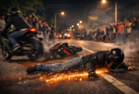 Ilustrasi Seorang pengendara sepeda motor terjatuh dan terseret saat diduga mengikuti aksi balap liar di jalan umum pada malam hari.