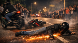 Ilustrasi Seorang pengendara sepeda motor terjatuh dan terseret saat diduga mengikuti aksi balap liar di jalan umum pada malam hari.