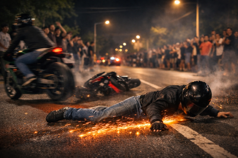 Ilustrasi Seorang pengendara sepeda motor terjatuh dan terseret saat diduga mengikuti aksi balap liar di jalan umum pada malam hari.