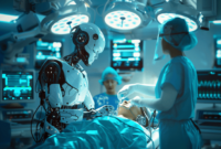 Robot medis AI berkolaborasi dengan dokter dalam operasi jantung, menampilkan inovasi teknologi medis canggih.