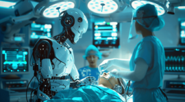 Robot medis AI berkolaborasi dengan dokter dalam operasi jantung, menampilkan inovasi teknologi medis canggih.