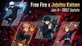Poster resmi kolaborasi Free Fire x Jujutsu Kaisen 2026, menampilkan karakter anime eksklusif yang hadir dalam event kode redeem Januari. (Credit / Sumber: Rooter – Preview event kolaborasi Free Fire x Jujutsu Kaisen)