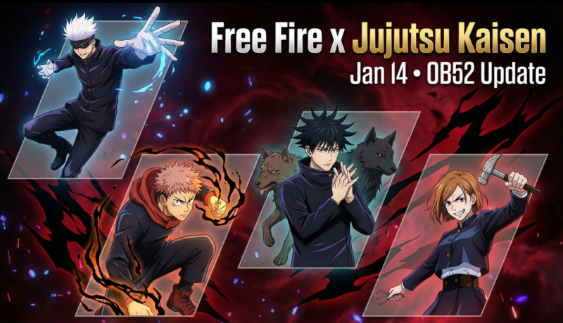 Poster resmi kolaborasi Free Fire x Jujutsu Kaisen 2026, menampilkan karakter anime eksklusif yang hadir dalam event kode redeem Januari. (Credit / Sumber: Rooter – Preview event kolaborasi Free Fire x Jujutsu Kaisen)