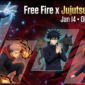 Poster resmi kolaborasi Free Fire x Jujutsu Kaisen 2026, menampilkan karakter anime eksklusif yang hadir dalam event kode redeem Januari. (Credit / Sumber: Rooter – Preview event kolaborasi Free Fire x Jujutsu Kaisen)