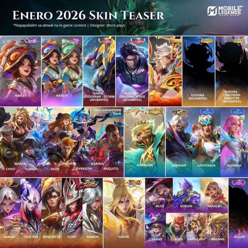 Cuplikan visual Mobile Legends dengan deretan skin dan hero yang hadir dalam update awal 2026. (Moonton / Mobile Legends: Bang Bang)