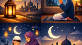 Ilustrasi suasana ibadah umat muslim pada malam hari sebagai simbol persiapan spiritual menyambut bulan suci Ramadhan dengan memperbanyak puasa, doa, dan qiyaamullail.