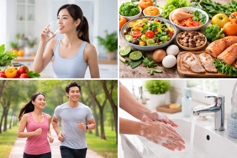 Menjaga daya tahan tubuh dengan pola hidup sehat: konsumsi makanan bergizi, rutin olahraga, dan menjaga kebersihan tangan, terutama di musim pancaroba.