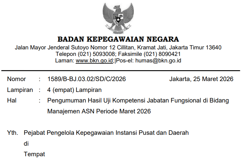 BKN Umumkan Hasil Seleksi Administrasi Uji Kompetensi Jabatan Fungsional ASN Maret 2026 (dok.BKN )