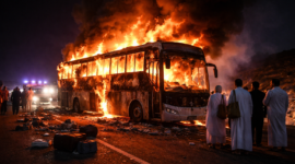 Ilustrasi bus jemaah umrah terbakar di perjalanan menuju Madinah.