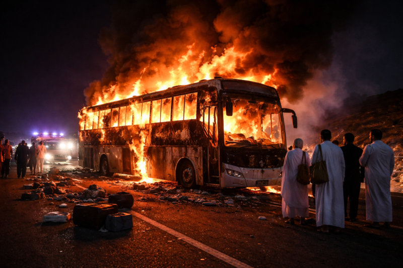 Ilustrasi bus jemaah umrah terbakar di perjalanan menuju Madinah.