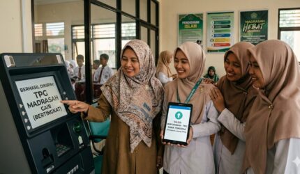 Ilustrasi Guru-guru Madrasah tersenyum bahagia di depan mesin ATM dan layar tablet yang menampilkan informasi pencairan dana TPG.