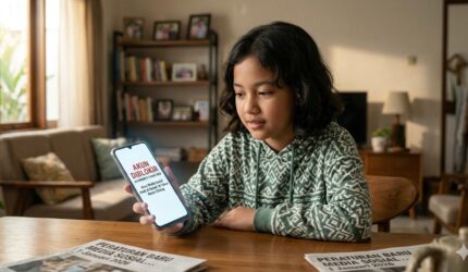 Anak menatap ponsel bertuliskan "AKUN DIBLOKIR" di dekat koran tentang aturan baru media sosial.