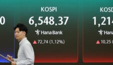 Layar di ruang dealing (ruang transaksi) kantor pusat Hana Bank di Seoul pada Senin menampilkan indeks KOSPI. (Sumber: www.koreatimes.co.kr)