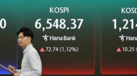 Layar di ruang dealing (ruang transaksi) kantor pusat Hana Bank di Seoul pada Senin menampilkan indeks KOSPI. (Sumber: www.koreatimes.co.kr)