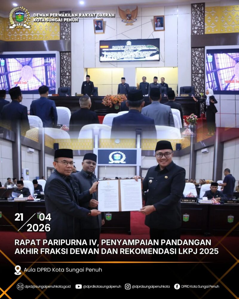 DPRD Sungai Penuh menggelar Paripurna IV dan menyampaikan rekomendasi terhadap LKPJ Wali Kota 2025 sebagai upaya meningkatkan kinerja pemerintah daerah. ( Poto : DPRD Kota Sungai Penuh )