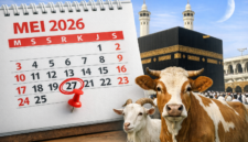Ilustrasi prediksi Lebaran Haji 2026 yang diperkirakan jatuh pada 27 Mei, ditandai pada kalender dengan latar Ka’bah dan hewan kurban.